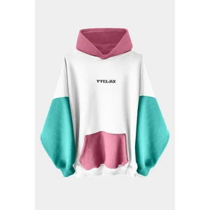 Beyaz Turkuaz Pembe Renkli Kapüşonlu Hoodie Sweatshirt