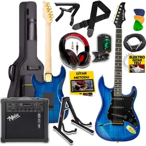GLC-40BL-AMP Elektro Gitar Seti 25 WATT Şarjlı BT Amfi Kulaklık ve Full SET