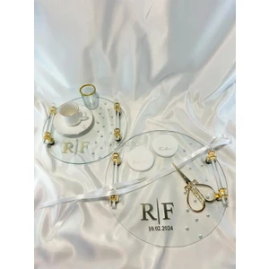 Tutku Setup Inci Detay Cam Söz-Nişan Tepsi Seti, Isimli Kurdele, Isim Baskılı Söz Tepsisi