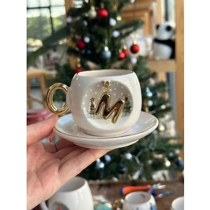 Bsk Ceramics Handmade Harfli Seramik Çay Kahve Fincan Yılbaşı Hediyelik Kupa Kardan Adam Çam Ağacı  M Harfi