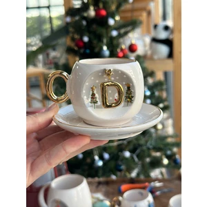 Bsk Ceramics Handmade Harfli Seramik Çay Kahve Fincan Yılbaşı Hediyelik Kupa Kardan Adam Çam Ağacı D Harfi