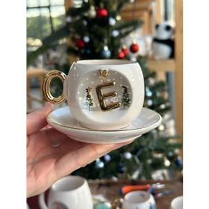 Bsk Ceramics Handmade Harfli Seramik Çay Kahve Fincan Yılbaşı Hediyelik Kupa Kardan Adam Çam Ağacı E Harfi