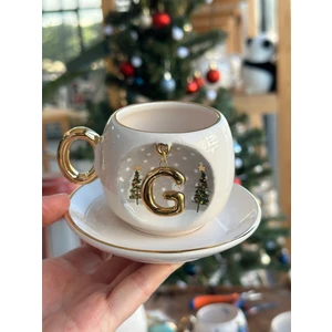 Bsk Ceramics Handmade Harfli Seramik Çay Kahve Fincan Yılbaşı Hediyelik Kupa Kardan Adam Çam Ağacı G Harfi