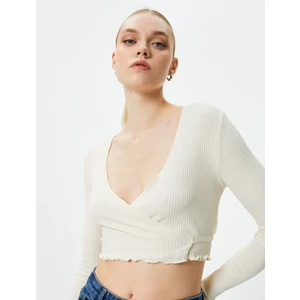 Kruvaze Crop Bluz Bağlamalı V Yaka Uzun Kollu Ribanalı