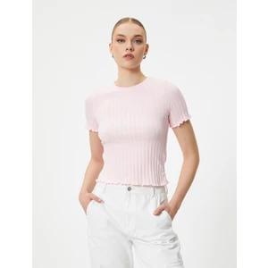 Crop Tişört Kısa Kollu Bisiklet Yaka Dokulu Pamuklu