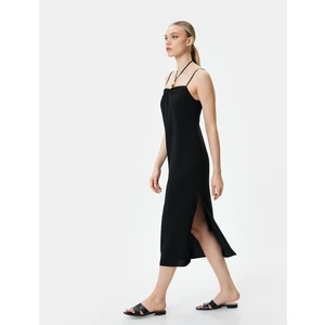Keten Karışımlı Elbise Midi Boy Askılı Boncuk Detaylı Slim Fit