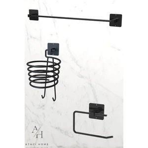 Atacı Home Yapışkanlı 3 Lü Siyah Fön Makinesi Askısı Havlu Askısı Wc Tuvalet Kağıtlık Banyo Set