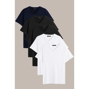 Metalıc  Erkek Çok Renkli T- Shirt Regular Fit Rahat Kesim V Yaka 5'li Basic Tişört Paketi