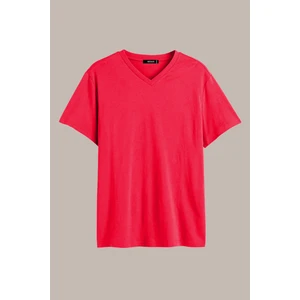 Erkek Kırmızı Slim Fit Pamuklu Kısa Kollu V Yaka T-Shirt