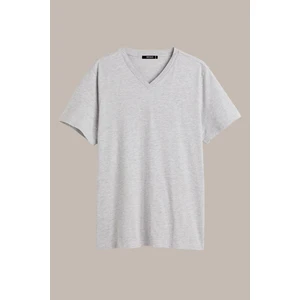 Metalıc Erkek Gri Slim Fit Pamuklu Kısa Kollu V Yaka T-Shirt