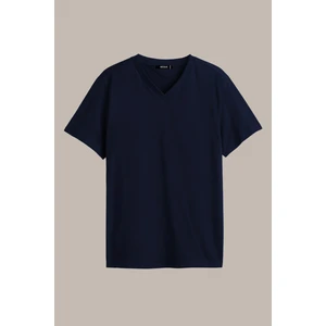 Erkek Lacivert Slim Fit Pamuklu Kısa Kollu V Yaka T-Shirt