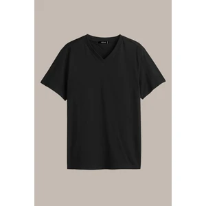 Erkek Siyah Slim Fit Pamuklu Kısa Kollu V Yaka T-Shirt