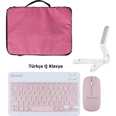 Microcase ipad 10.9 Uyumlu Tablet Çanta+Türkçe Bluetooth Klavye +Mouse+Tablet Standı - Pembe