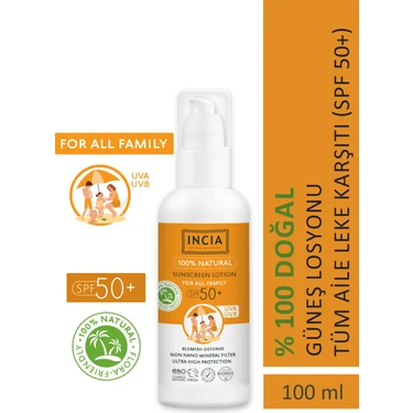 INCIA %100 Doğal ve Organik Tamanu Yağlı Güneş Losyonu Mineral Filtreli Tüm Aile Için 50 SPF 100