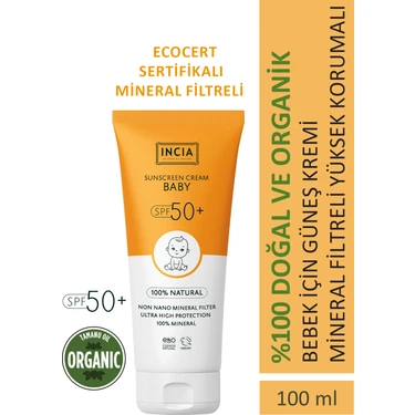 INCIA %100 Doğal Bebek Güneş Kremi Leke Karşıtı Mineral Filtreli Yüksek Koruma SPF50 UVA UVB 100