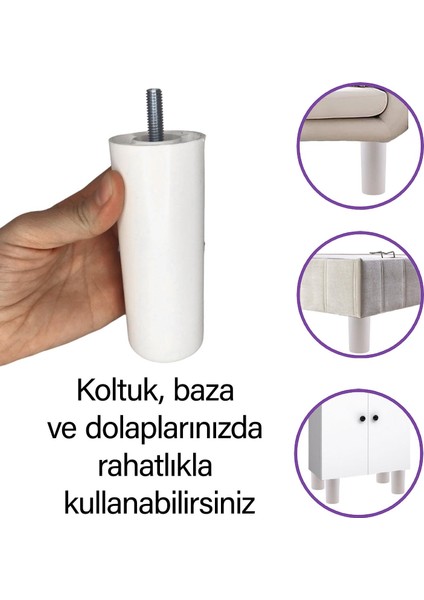 8 Adet Silindir Destek Ayağı 12 cm Beyaz Sert Plastik Gizli Mobilya Kanepe Baza Koltuk Dolap Sehpa Tv Ünitesi Ayağı