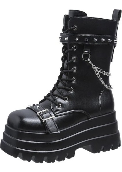 Platform Kalın Gotik Bot Bayan Toka Sonbahar Ayakkabı Kadın Kama Diz Yüksek Bot Punk Sokak Cosplay Botas Motosiklet Zincir (Yurt Dışından)