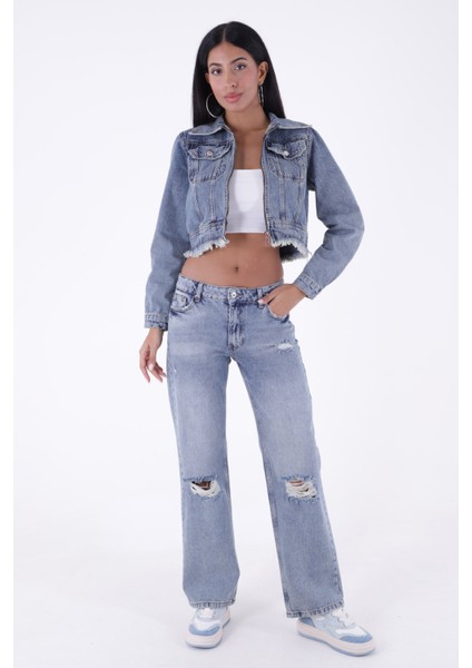 Yırtıklı Detaylı Ve Düşük Belli Rahat / Relaxed Palazzo Pantolon Kadın Kot Pantolon Orta Mavi Denim