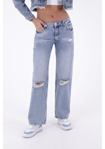 Yırtıklı Detaylı Ve Düşük Belli Rahat / Relaxed Palazzo Pantolon Kadın Kot Pantolon Orta Mavi Denim fiyatları