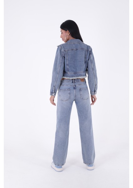 Yırtıklı Detaylı Ve Düşük Belli Rahat / Relaxed Palazzo Pantolon Kadın Kot Pantolon Orta Mavi Denim modelleri