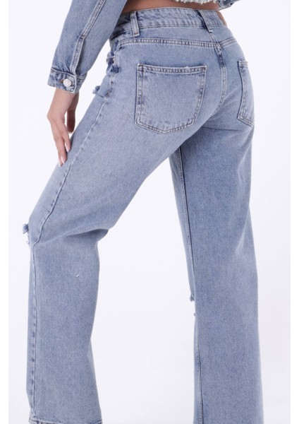 Yırtıklı Detaylı Ve Düşük Belli Rahat / Relaxed Palazzo Pantolon Kadın Kot Pantolon Orta Mavi Denim indirimleri