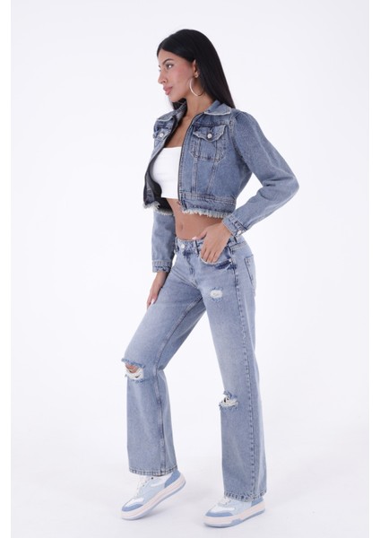 Yırtıklı Detaylı Ve Düşük Belli Rahat / Relaxed Palazzo Pantolon Kadın Kot Pantolon Orta Mavi Denim fırsatları
