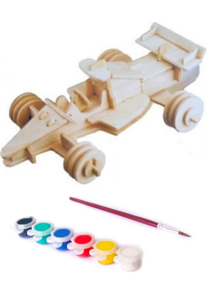 3D Kendin Yap Ahşap Puzzle Yarış Arabası Maket Çocuk Aktivite Boya ve Fırça Hobi Seti Yapboz Oyuncak