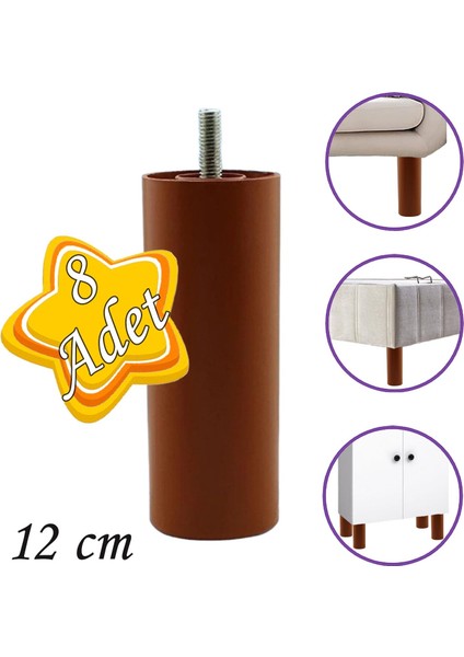 8 Adet Silindir Destek Ayağı 12 cm Kahverengi Sert Plastik Gizli Mobilya Kanepe Baza Koltuk Dolap Sehpa Tv Ünitesi Ayağı