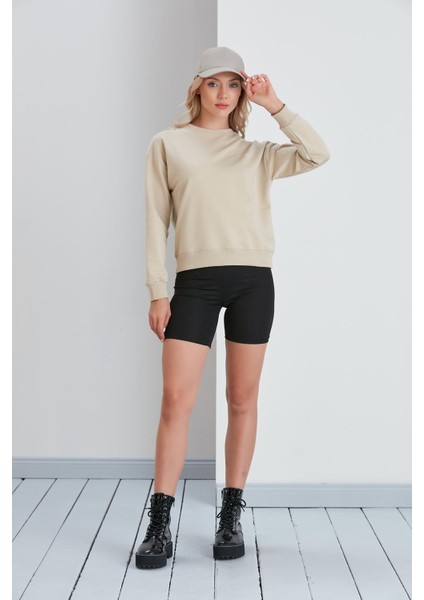 Bisiklet Yaka Iki Iplik Basic Sweatshirt Bej