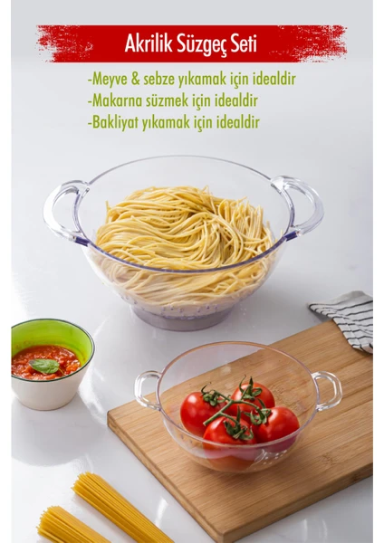 EW's Kitchenware Akrilik Şeffaf 2 Li Süzgeç Seti ( Makarna & Pirinç Süzgeci )