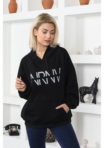 Nrnv Baskılı Kapüşonlu Üç Iplik Sweatshirt Siyah