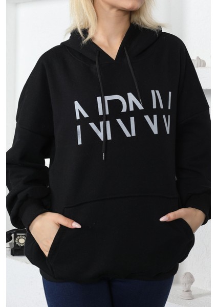 Nrnv Baskılı Kapüşonlu Üç Iplik Sweatshirt Siyah