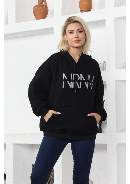 Nrnv Baskılı Kapüşonlu Üç Iplik Sweatshirt Siyah