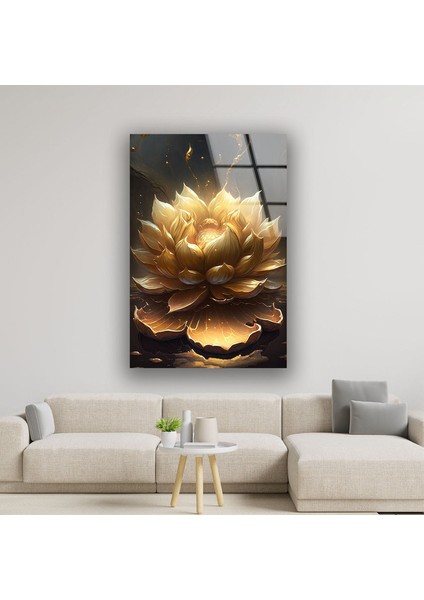 Altın Lotus Çiçeği Temperli Cam Duvar Tablosu