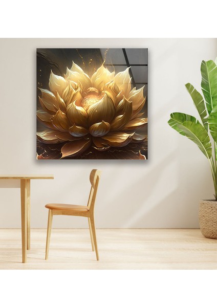 Altın Lotus Çiçeği Temperli Cam Duvar Tablosu fiyatları