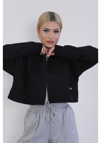 Crop Model Penye Sweatshirt Siyah