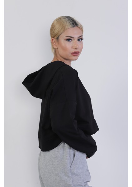 Crop Model Penye Sweatshirt Siyah