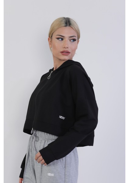 Crop Model Penye Sweatshirt Siyah