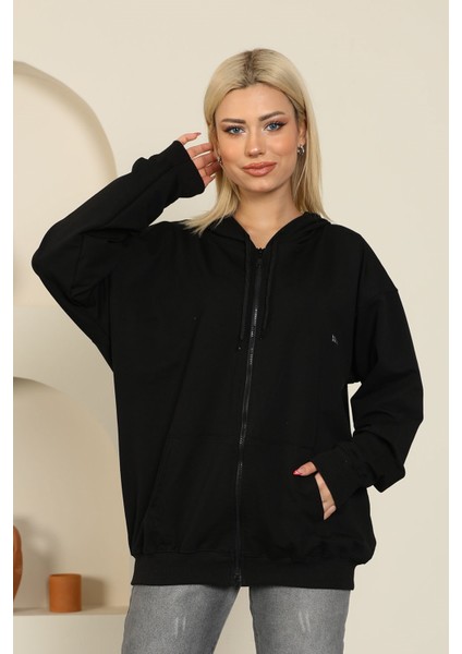 Oversize Model Fermuarlı Sweatshirt Siyah