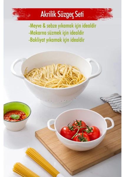 EW's Kitchenware Akrilik Beyaz 2 Li Süzgeç Seti ( Makarna & Pirinç Süzgeci )