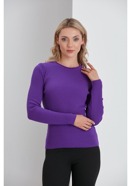 Bisiklet Yaka Ince Fitilli Kazak Mor