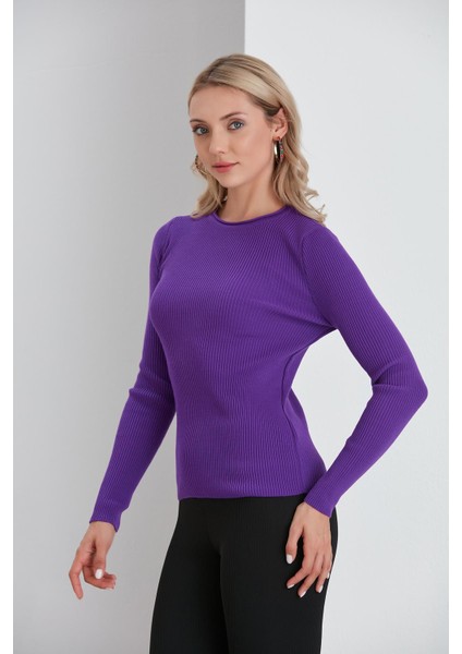 Bisiklet Yaka Ince Fitilli Kazak Mor modelleri