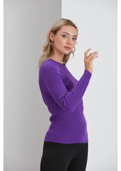 Bisiklet Yaka Ince Fitilli Kazak Mor indirimleri