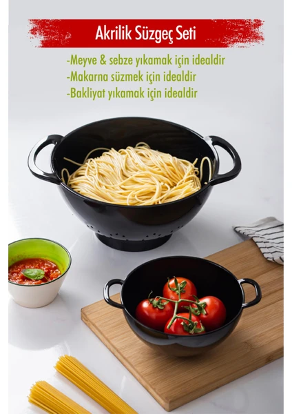 EW's Kitchenware Akrilik Siyah 2 Li Süzgeç Seti ( Makarna & Pirinç Süzgeci )