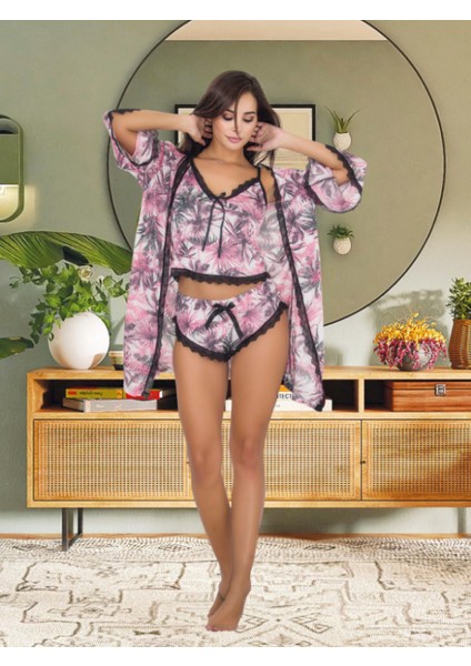 Seksi Pijama Saten 3'lü Pijama Gecelik Alt Üst Takımı, Saten Sabahlık Takımı, Kadın Seksi Giyim