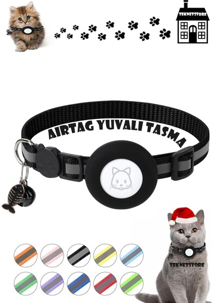 Kedi Tasması Airtag Yuvalı Kilitli Güvenlik Aparatı Airtag Kılıfı ve Zil Boyun Tasması Gps