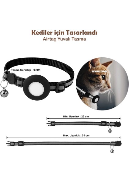 Kedi Tasması Airtag Yuvalı Kilitli Güvenlik Aparatı Airtag Kılıfı ve Zil Boyun Tasması Gps