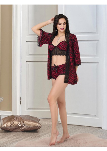 Seksi Pijama Saten 3'lü Pijama Gecelik Alt Üst Takımı, Saten Sabahlık Takımı, Kadın Seksi Giyim