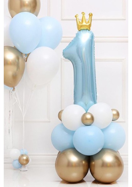 Taçlı 1 Rakam Folyo Balon 1 Yaş Balonu Gold Taçlı Mavi 90CM fiyatları