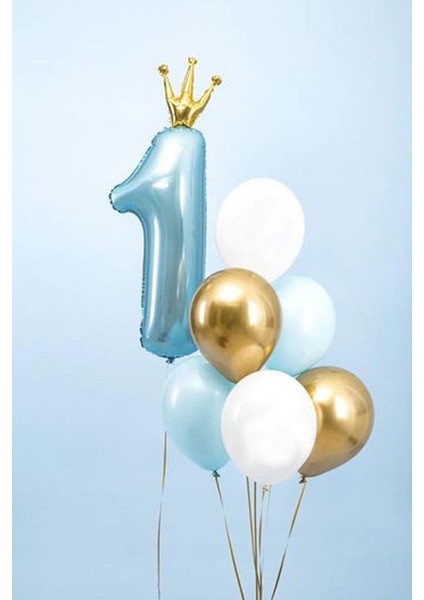 Taçlı 1 Rakam Folyo Balon 1 Yaş Balonu Gold Taçlı Mavi 90CM fırsatları
